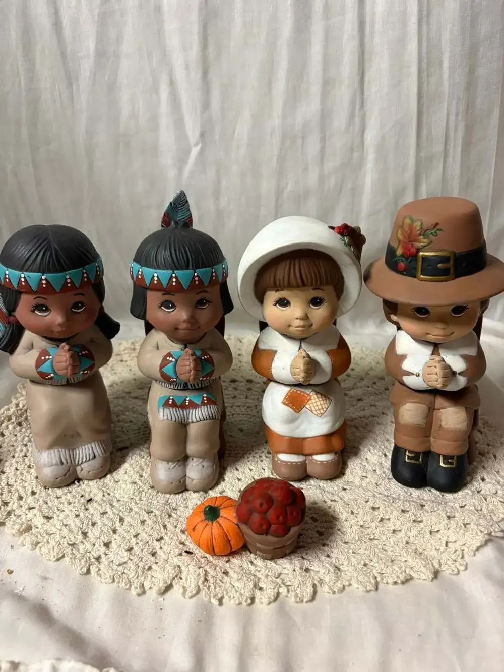 Vintage Thanksgiving Ceramic Figurine Set Pilgrim and Native American Children